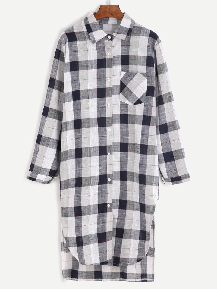 Romwe Plaid Slit Side Dip Hem Long Shirt