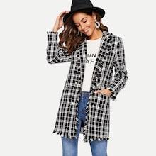 Romwe Notch Collar Frayed Edge Plaid Longline Coat