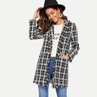 Romwe Notch Collar Frayed Edge Plaid Longline Coat