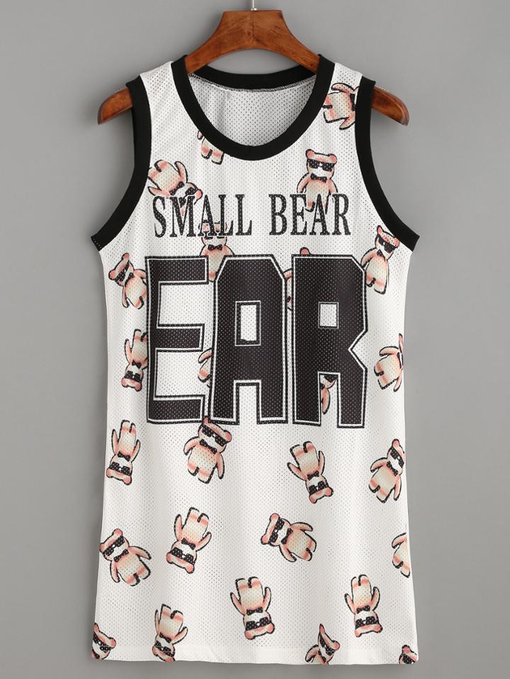 Romwe Beige Contrast Trim Letters Print Sport Mesh Tank Dress