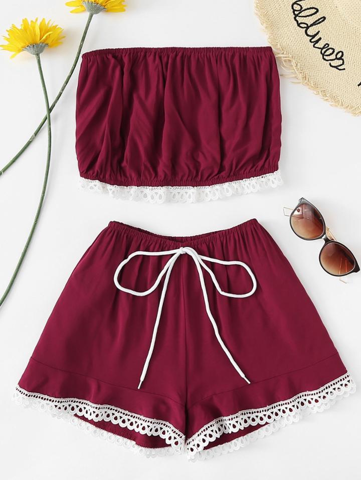 Romwe Contrast Lace Bandeau Top With Shorts