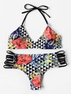 Romwe Flower & Triangle Print Ladder Cutout Bikini Set