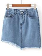 Romwe Blue Asymmetrical Denim Skirt With Pocket