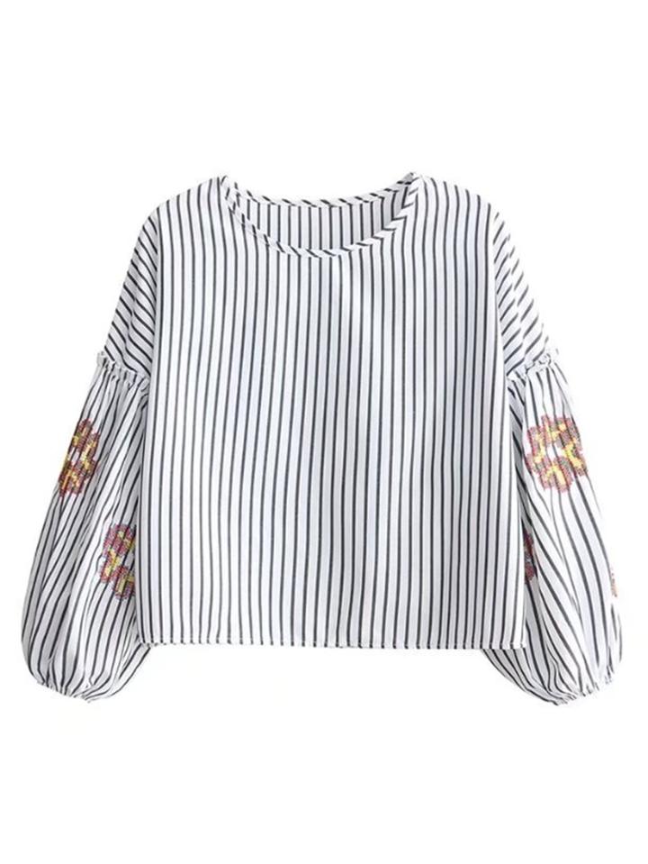 Romwe Embroidery Detail Lantern Sleeve Striped Blouse