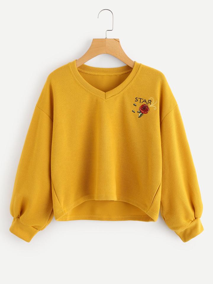 Romwe Rose Embroidered Dip Hem Sweatshirt
