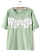 Romwe Lace Embroidered Green T-shirt