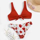 Romwe Knot Front Top With Random Floral Bikini Set
