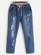 Romwe Blue Embroidered Distressed Drawstring Jeans