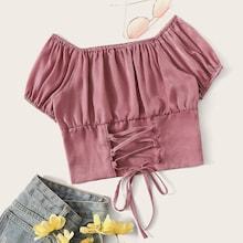 Romwe Solid Lace-up Blouse