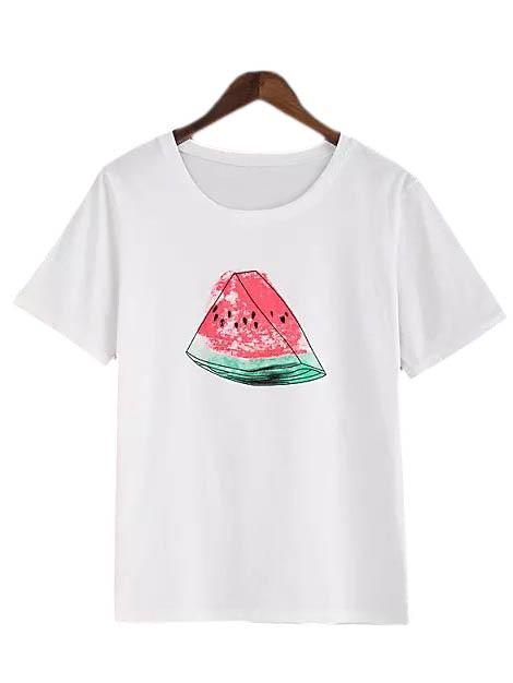Romwe White Short Sleeve Watermelon Print Casual T-shirt