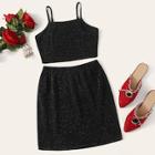 Romwe Sparkly Glitter Crop Cami Top With Pencil Skirt