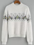 Romwe Geometric Pattern Bead Pale Grey Sweater