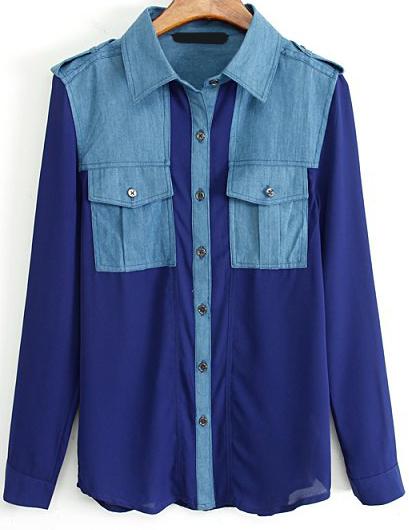 Romwe Epaulet Denim Contrast Chiffon Blouse