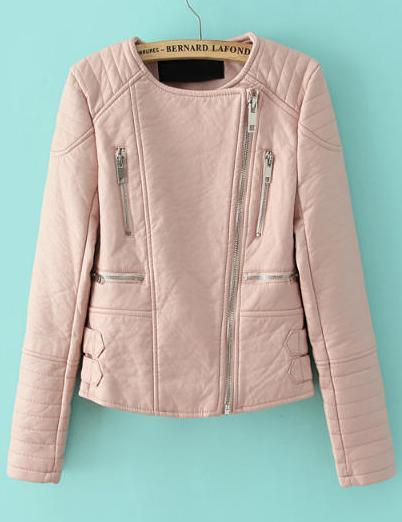 Romwe Zipper Crop Pu Jacket-pink
