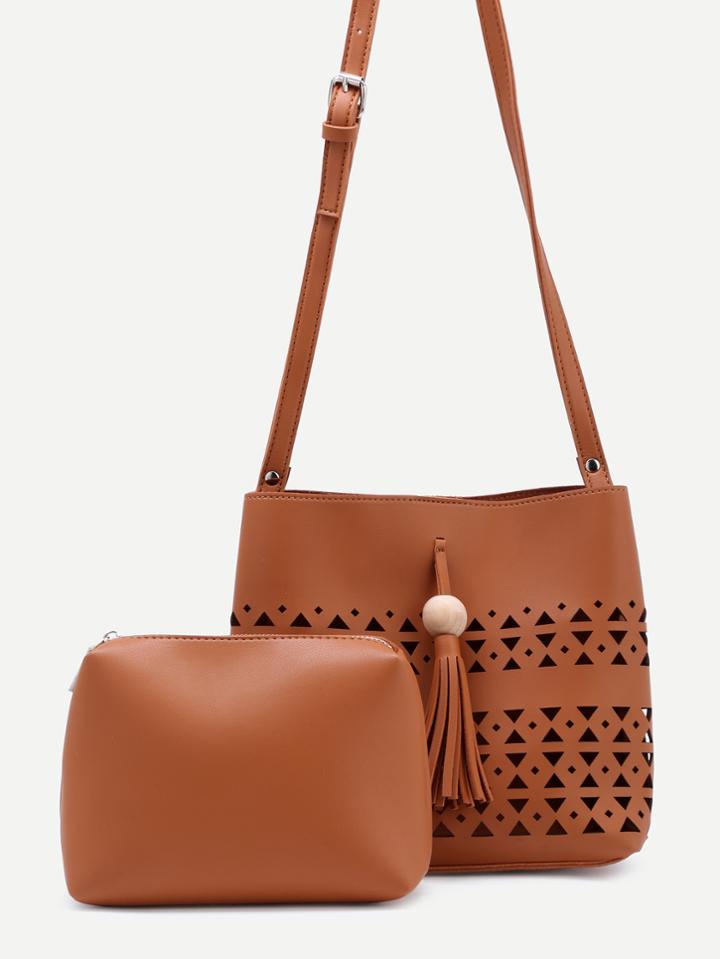 Romwe Brown Cutout Hollow Tassel Shoulder Bag With Makeup Bag