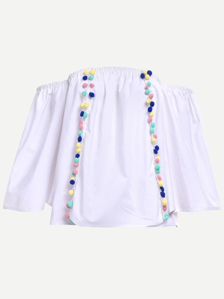 Romwe White Pom Pom Off The Shoulder Top