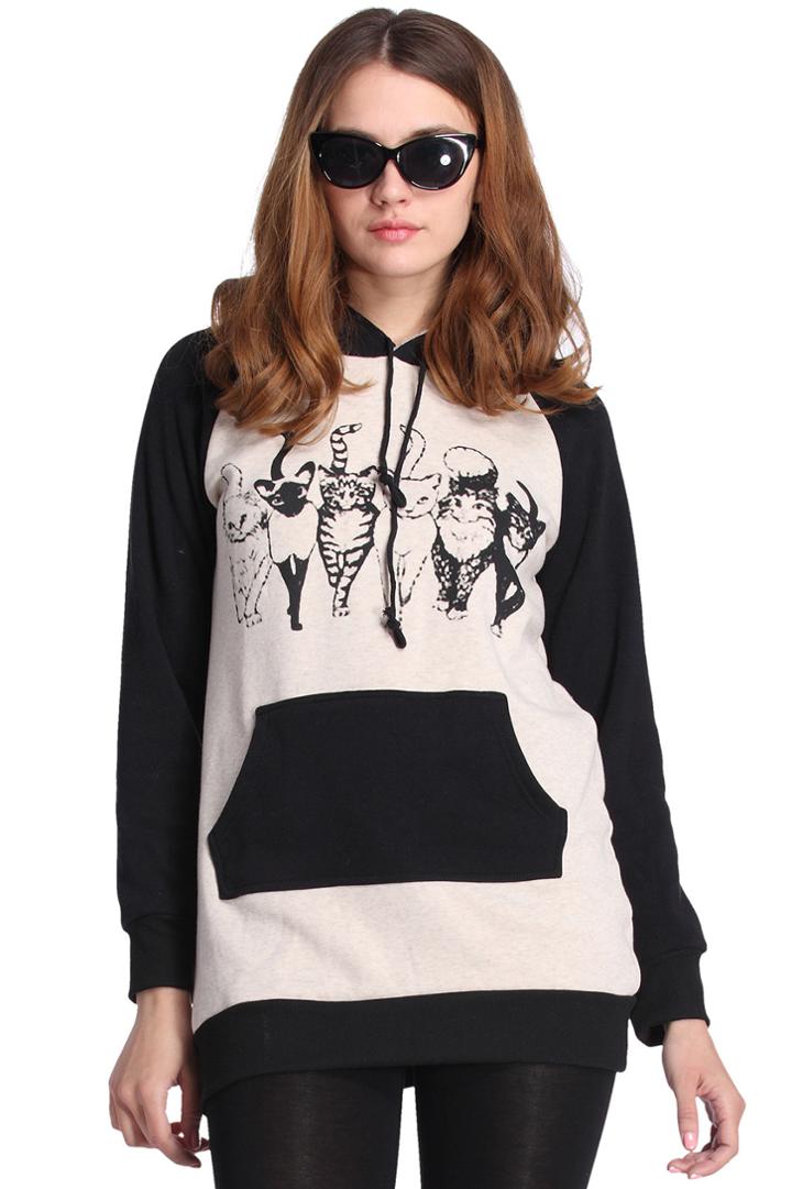 Romwe Romwe Color Block Six Cats Print Hoodie