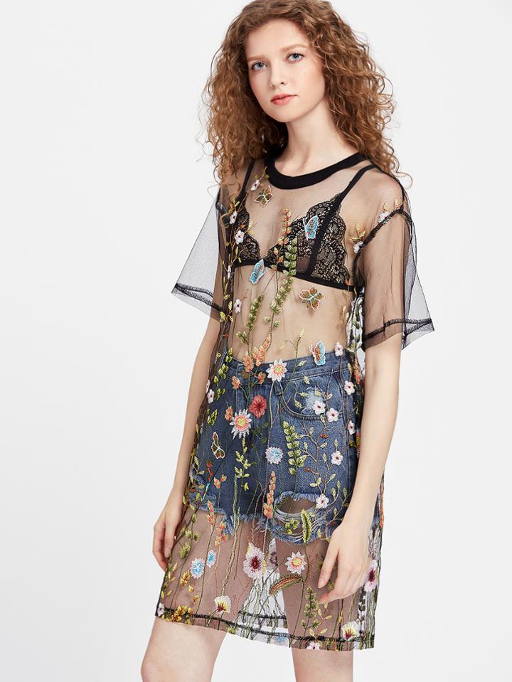 Romwe Flower Embroided Mesh Dress