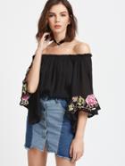 Romwe Black Off The Shoulder Bell Sleeve Embroidered Top