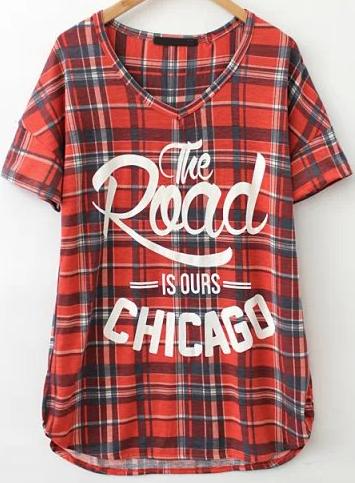 Romwe Red V Neck Plaid Letters Print T-shirt