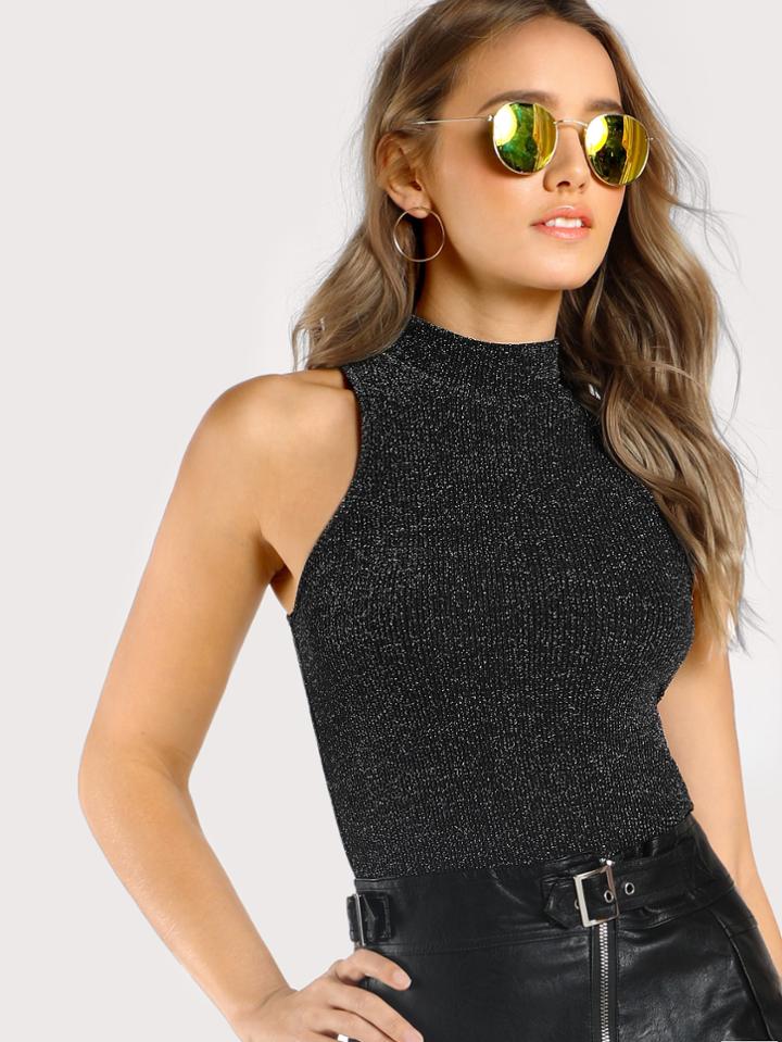 Romwe Mock Neck Ribbed Glitter Top