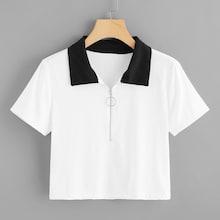 Romwe Zip Up Front Contrast Collar Tee