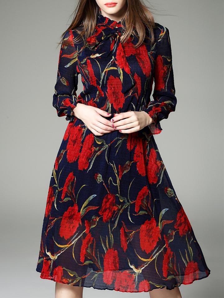 Romwe Navy Tie Neck Elastic-waist Pleated Print Dress