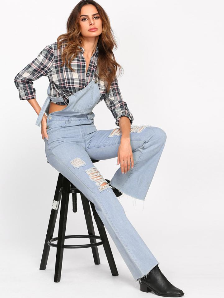 Romwe Light Wash Knee Ripped Denim Overalls