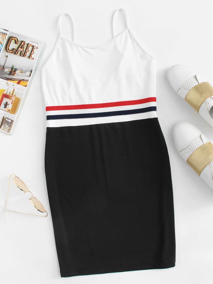 Romwe Striped Tape Color Block Cami Dress