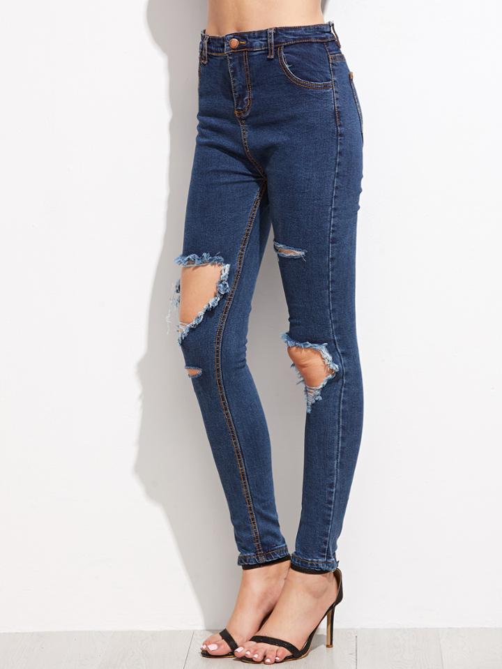 Romwe Blue Distressed Denim Jeans