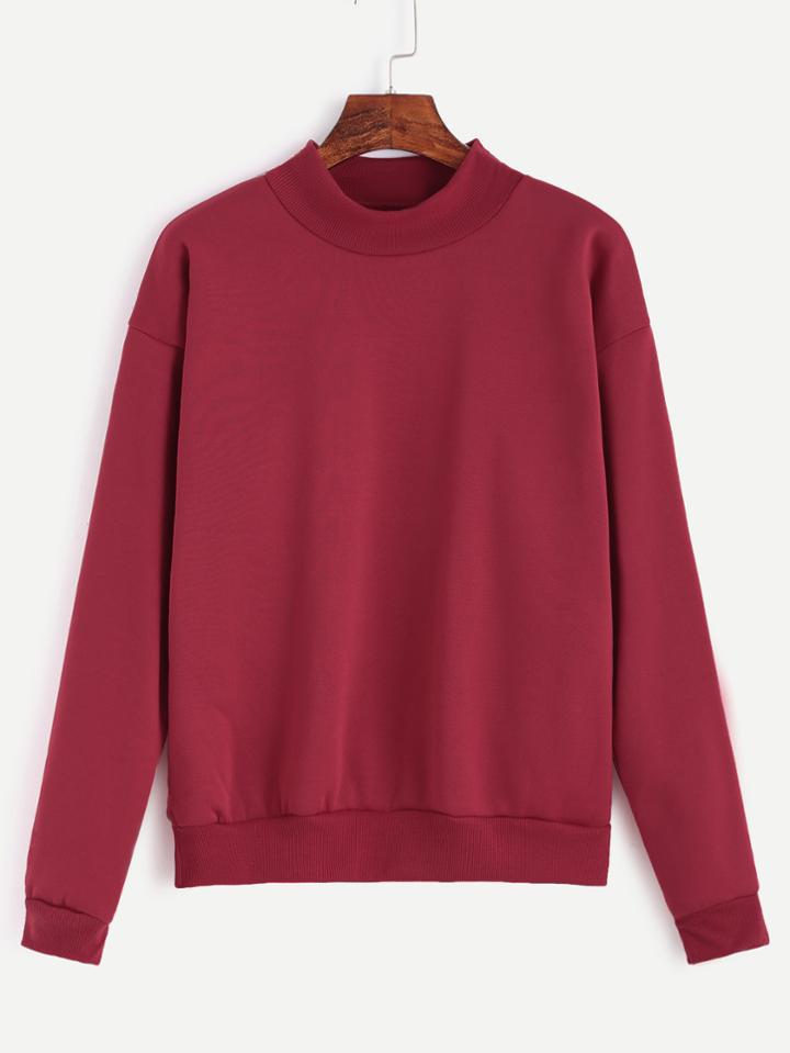 Romwe Burgundy Mock Neck Drop Shoulder Sweatshirt
