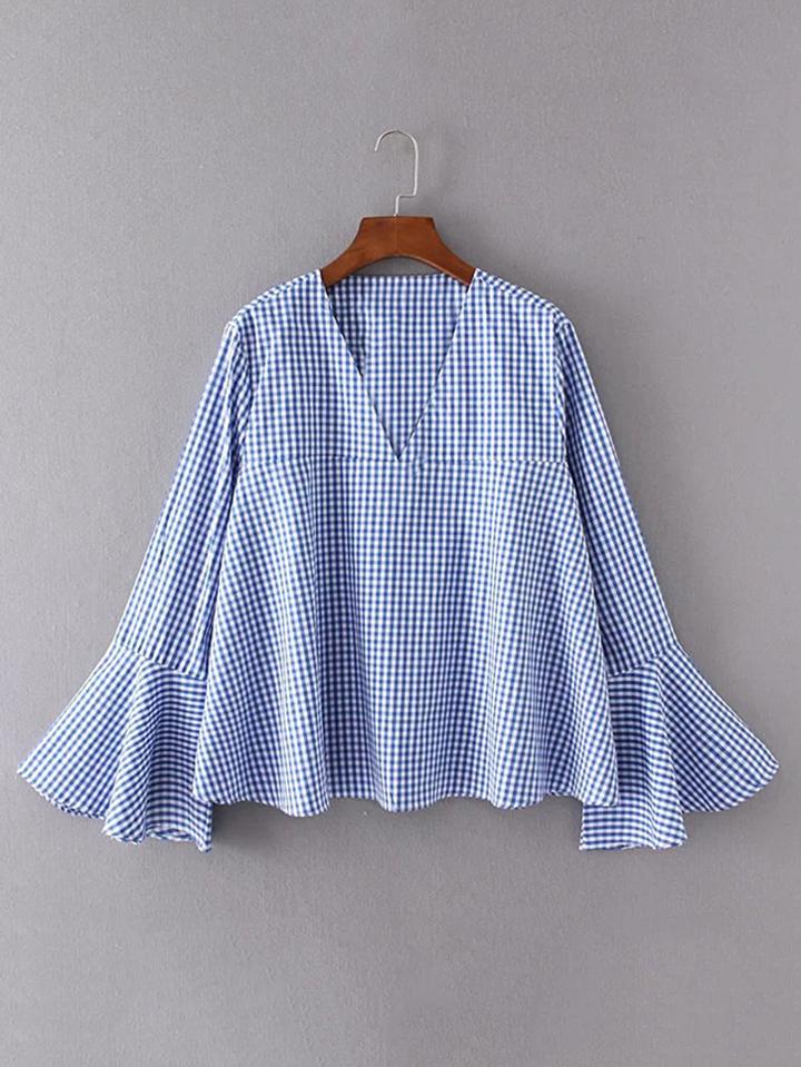 Romwe Bell Sleeve Gingham Top