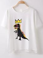 Romwe Dip Hem Dinosaur Print White T-shirt