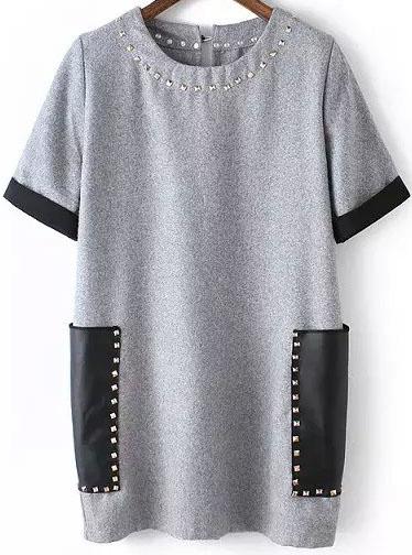 Romwe With Rivet Patch Pocket Grey Dress
