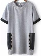 Romwe With Rivet Patch Pocket Grey Dress