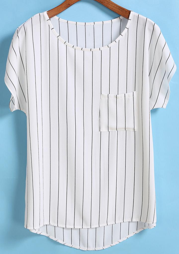 Romwe Dip Hem With Pocket Vertical Striped Top