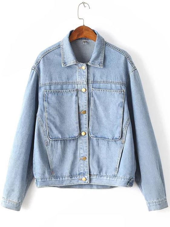 Romwe Pale Blue Pockets Denim Jacket