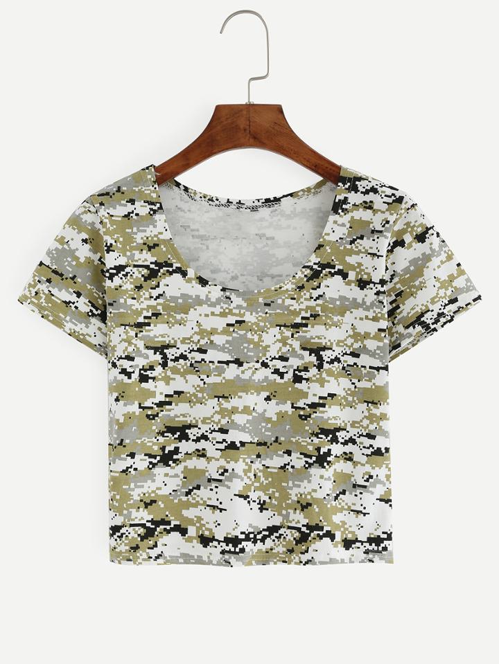 Romwe Digital Camouflage Crop T-shirt - Green