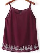 Romwe Spaghetti Strap Embroidered Burgundy Cami Top