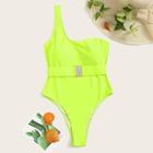 Romwe Neon Yellow One Shoulder Buckle One Piece Swimsuit