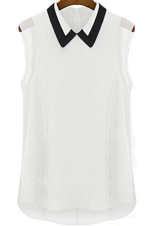 Romwe Contrast Collar Dip Hem Chiffon White Blouse