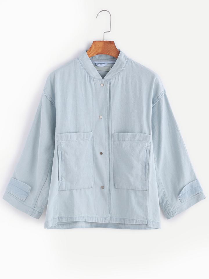 Romwe Light Blue Dual Pocket Front Denim Blouse