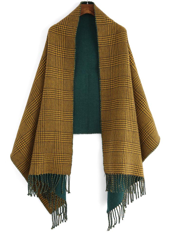 Romwe Houndstooth Fringe Yellow Scarf