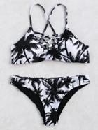 Romwe Black And White Printed Criss Cross Bikini Set