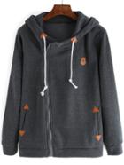 Romwe Hooded Drawstring Zipper Badge Sweatshirt