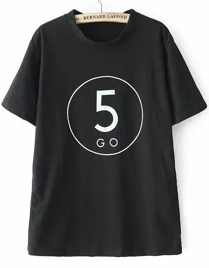 Romwe Round Neck Five Print Black T-shirt