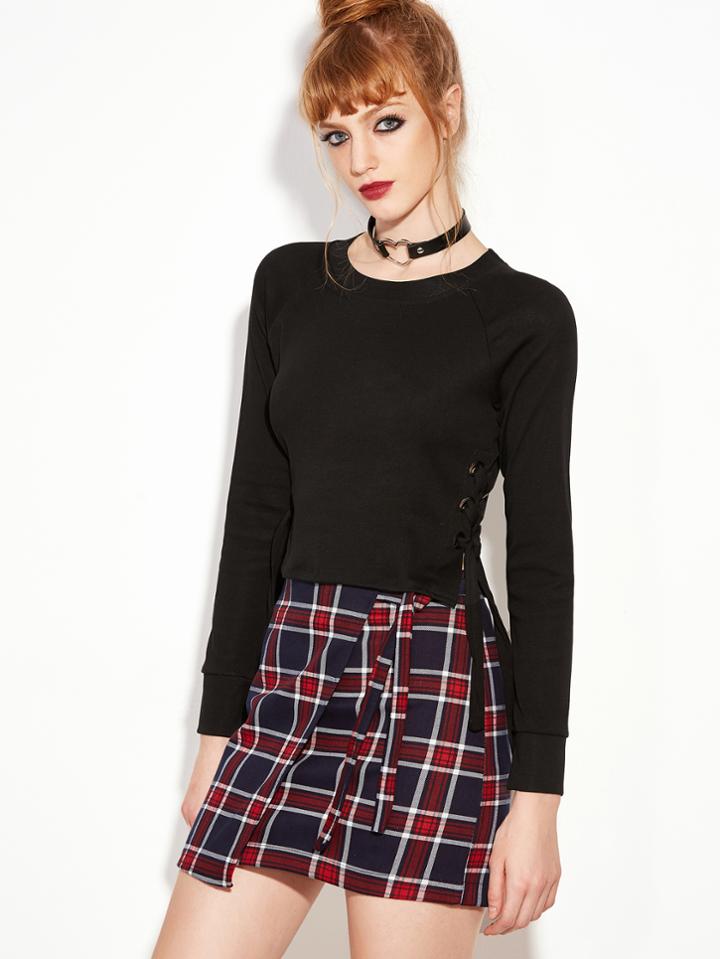 Romwe Black Side Lace Up Crop Slim T-shirt
