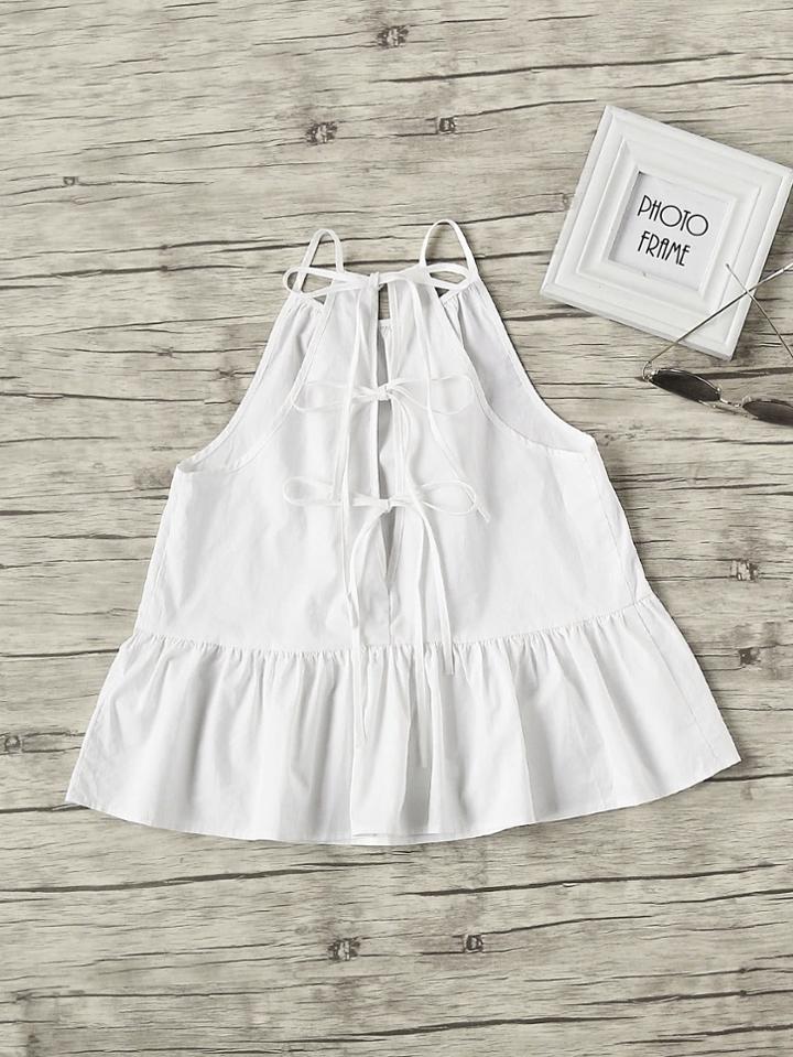 Romwe Self Tie V Back Frilled Cami Top