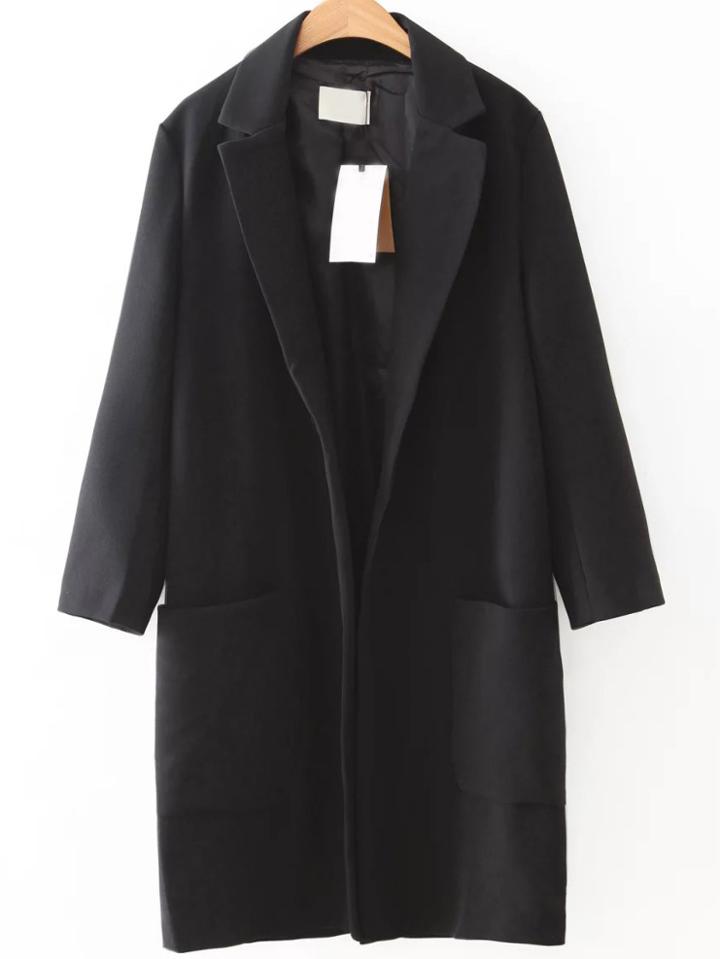 Romwe Black Lapel Front Pocket Long Coat