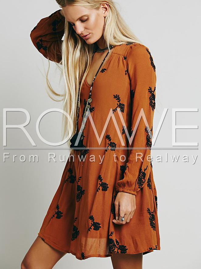 Romwe Yellow Long Sleeve Floral Embroidery Dress
